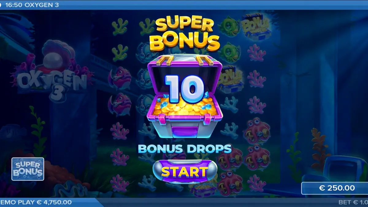 Pemandangan visual bawah air dari slot Oxygen 3 dengan elemen futuristik dan makhluk laut kartun.