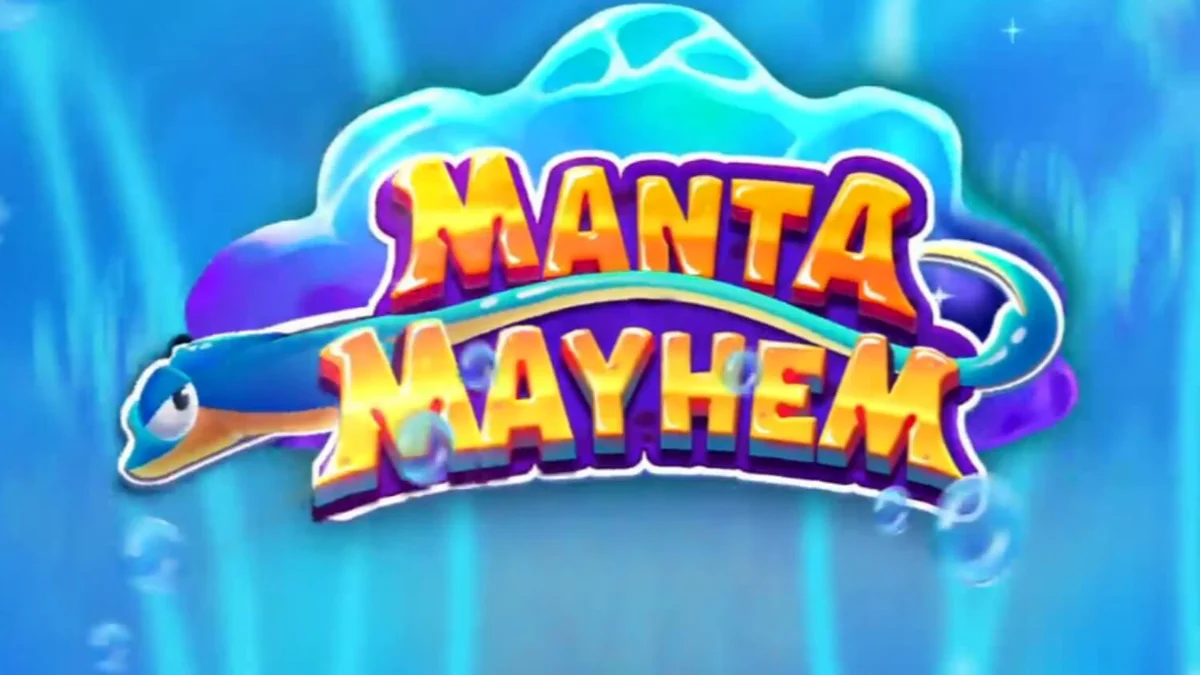 Tampilan visual slot Manta Mayhem dengan latar belakang terumbu karang dan pari manta biru.