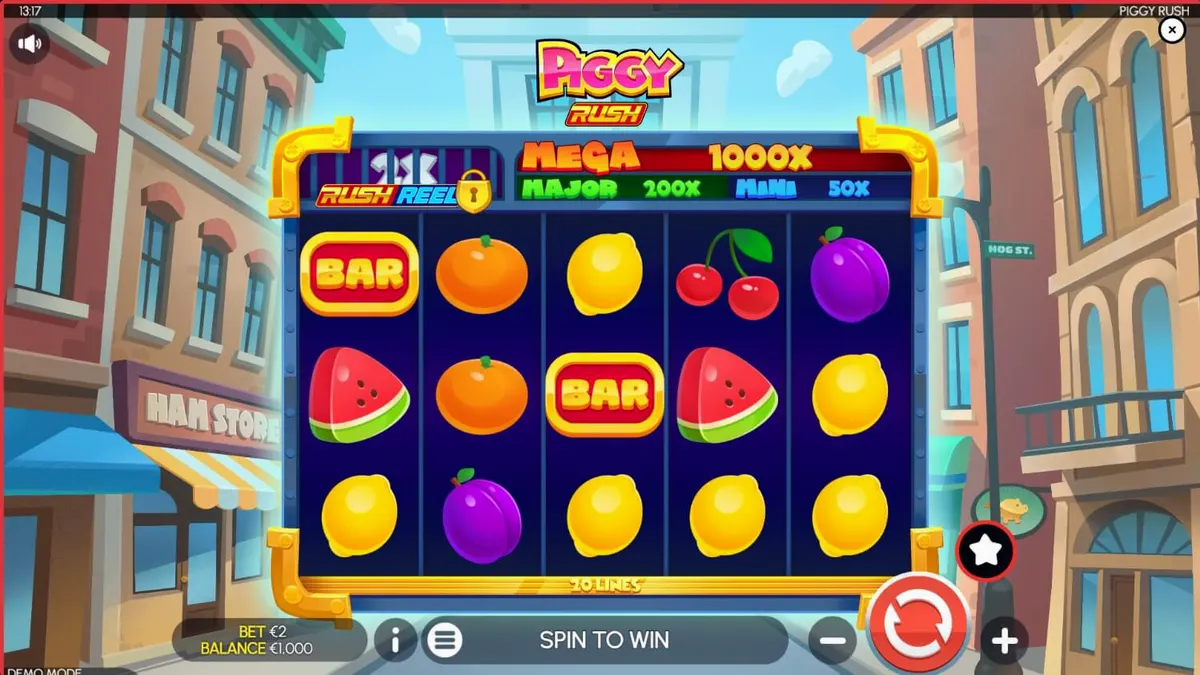 Tampilan visual slot Piggy Rush dengan karakter babi lucu dan simbol buah-buahan